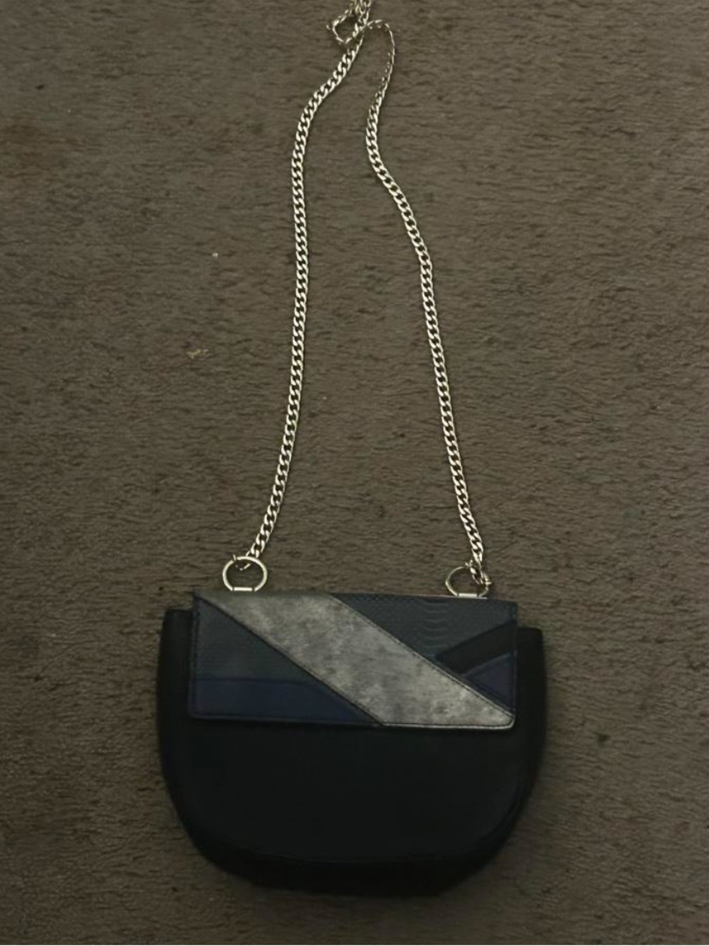 Kate Landry Black Crossbody with Silver Chain and Gray Accent